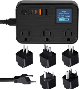 350W Converter Plug with 2 USB and 2 USB-C (20W PD) Fast Charging International Travel Converter for 220V to 110V for 100V-240V and Including US/EU/UK/India/South Africa Plugs (Black)
