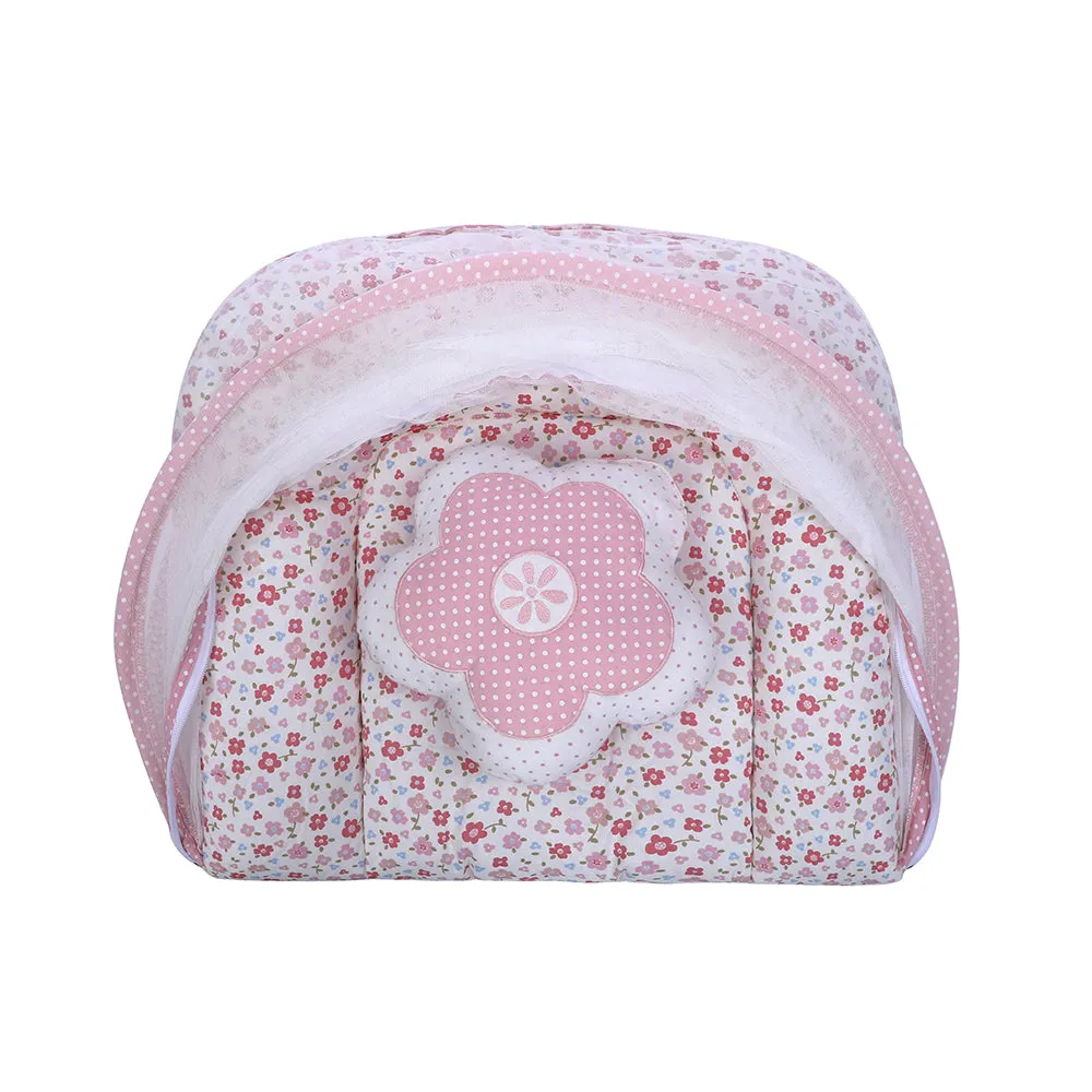 Abracadabra Gadda Set with Mosquito Net & Shaped Pillow Vintage Floral Theme - Pink