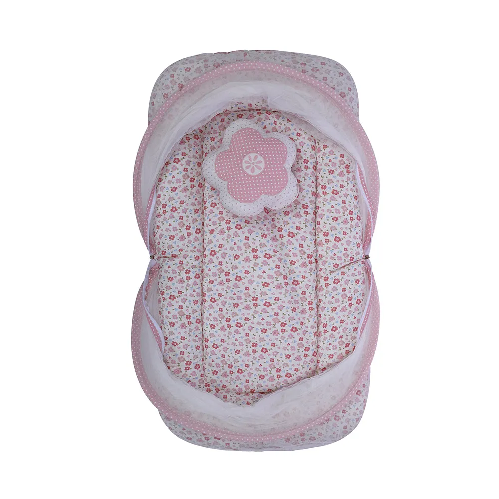 Abracadabra Gadda Set with Mosquito Net & Shaped Pillow Vintage Floral Theme - Pink