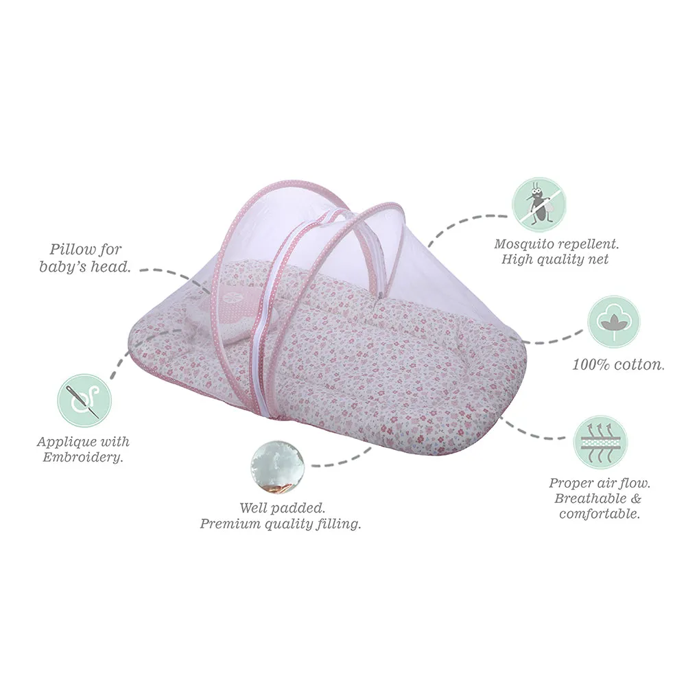 Abracadabra Gadda Set with Mosquito Net & Shaped Pillow Vintage Floral Theme - Pink