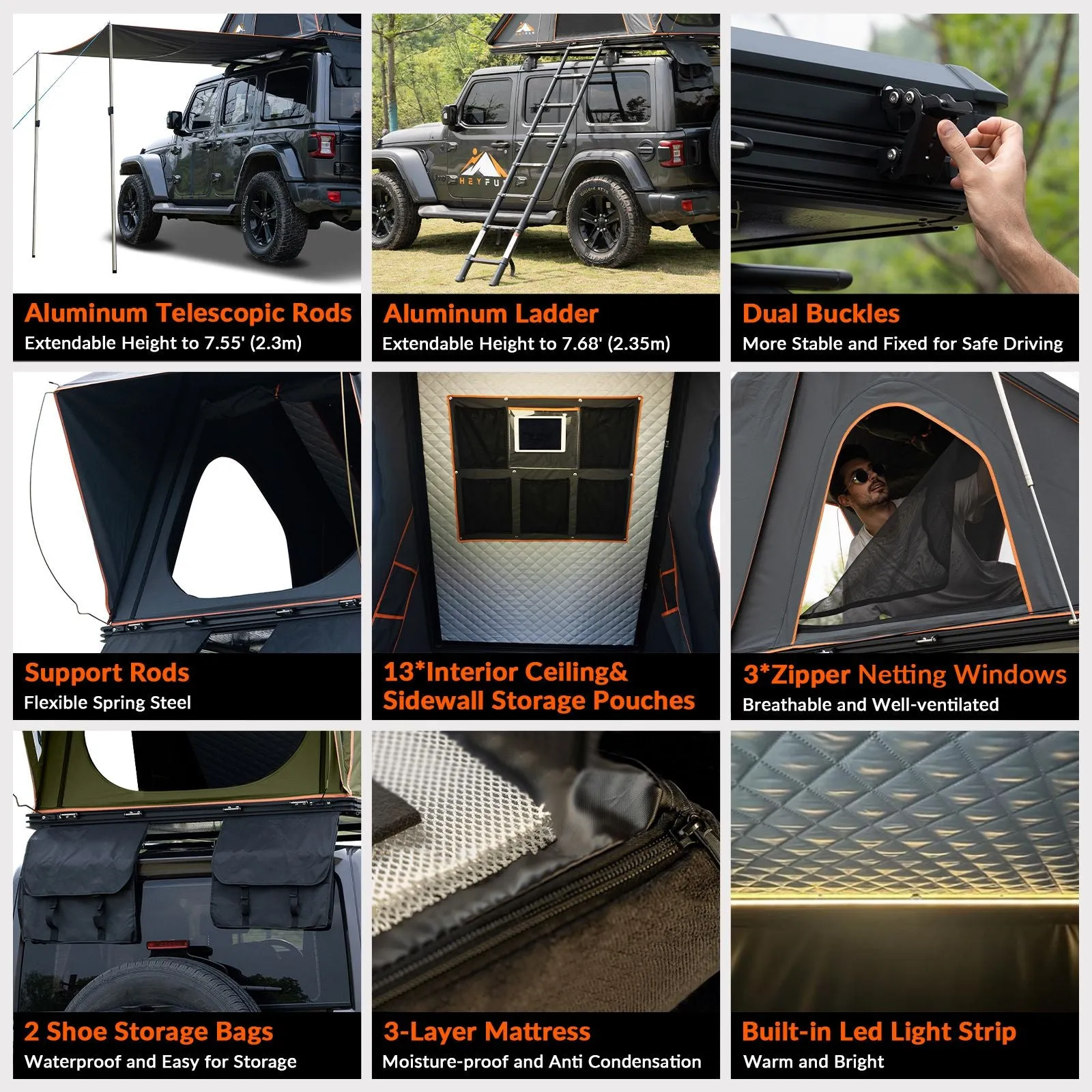Adventurer Plus Rooftop Tent Hardshell with Side Awning, Air Conditioner Outlet with Bracket, &Replaceable Rain Flies, Truck Bed Tent for Camping, Pop Up Overland Roof Tents
