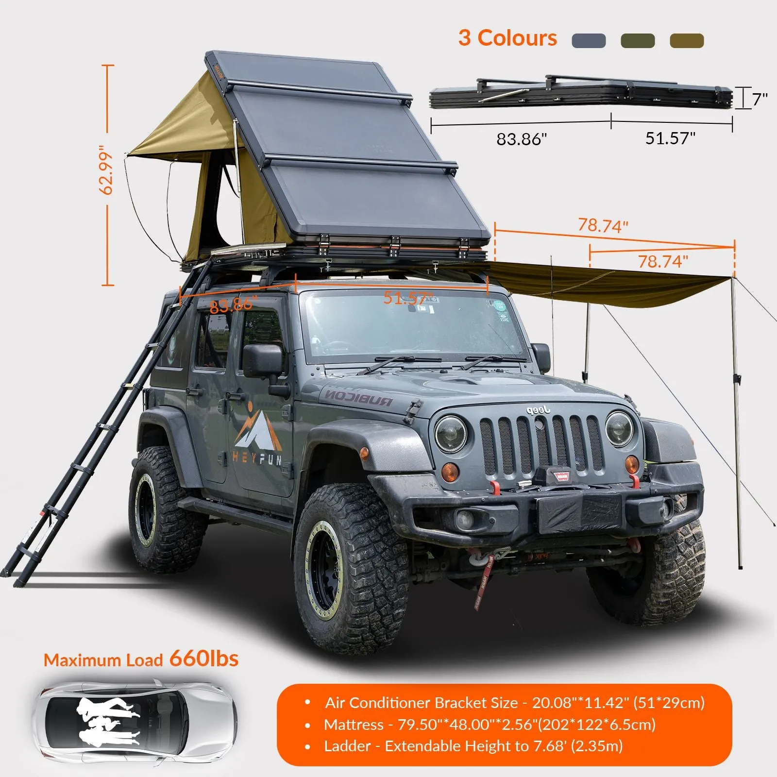 Adventurer Plus Rooftop Tent Hardshell with Side Awning, Air Conditioner Outlet with Bracket, &Replaceable Rain Flies, Truck Bed Tent for Camping, Pop Up Overland Roof Tents
