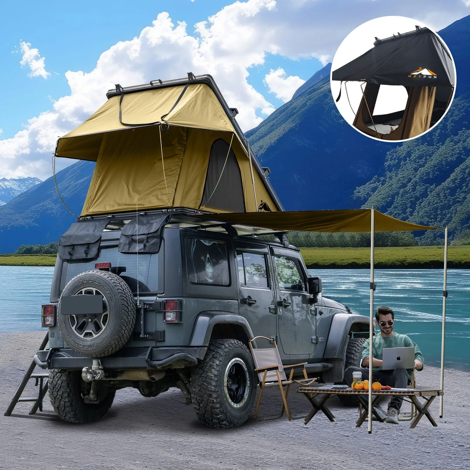 Adventurer Plus Rooftop Tent Hardshell with Side Awning, Air Conditioner Outlet with Bracket, &Replaceable Rain Flies, Truck Bed Tent for Camping, Pop Up Overland Roof Tents