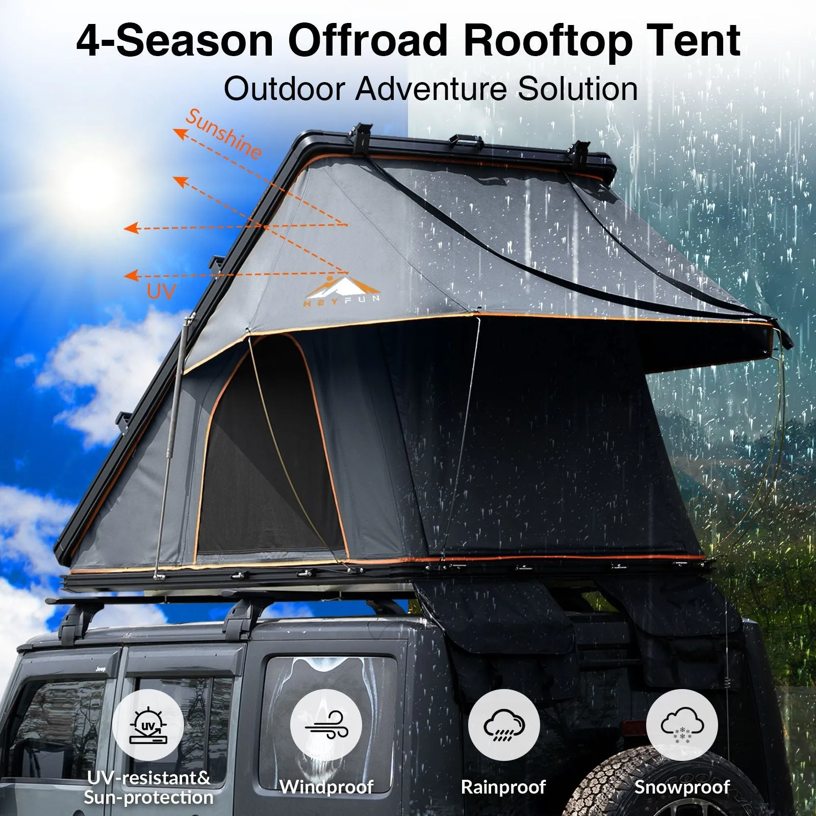 Adventurer Plus Rooftop Tent Hardshell with Side Awning, Air Conditioner Outlet with Bracket, &Replaceable Rain Flies, Truck Bed Tent for Camping, Pop Up Overland Roof Tents