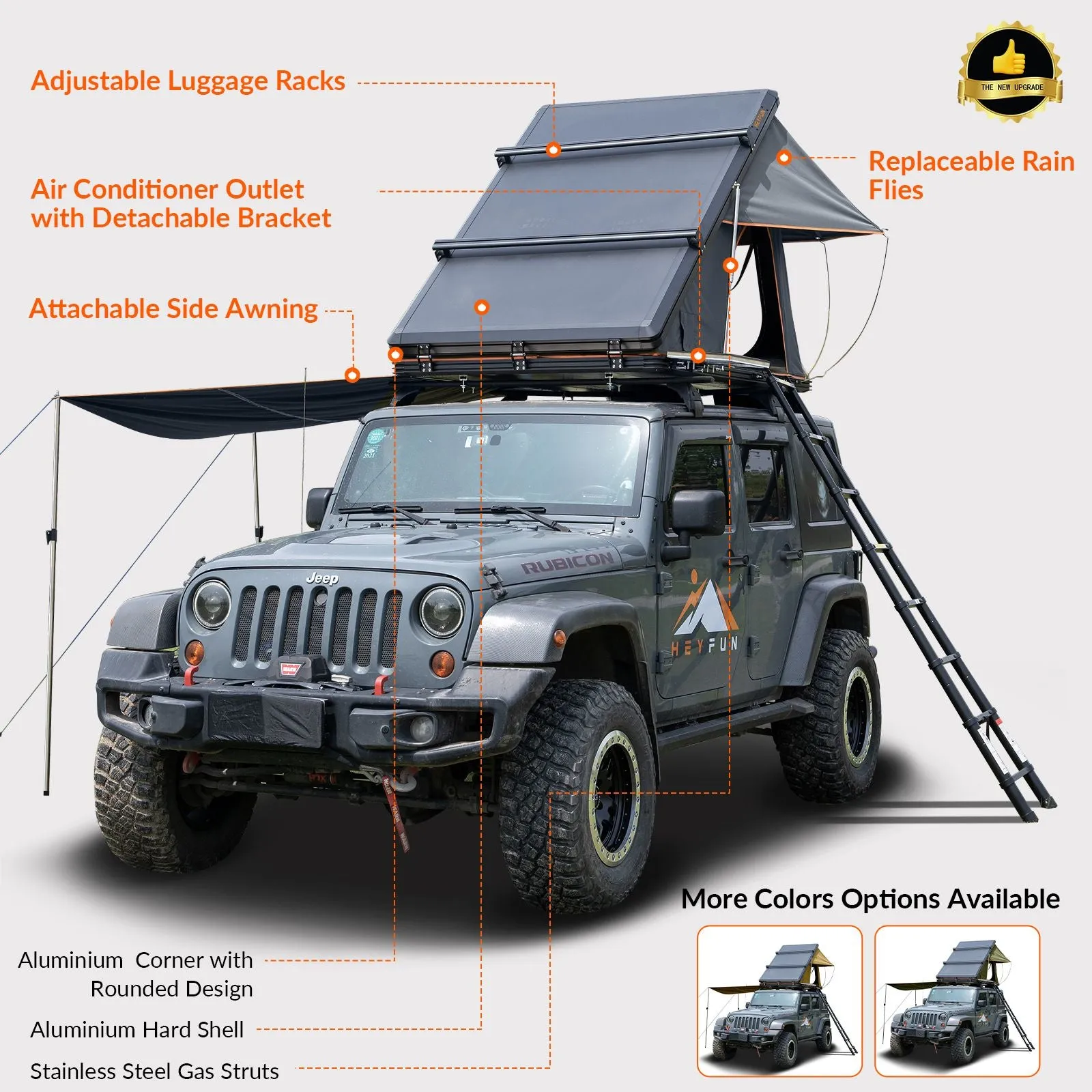 Adventurer Plus Rooftop Tent Hardshell with Side Awning, Air Conditioner Outlet with Bracket, &Replaceable Rain Flies, Truck Bed Tent for Camping, Pop Up Overland Roof Tents
