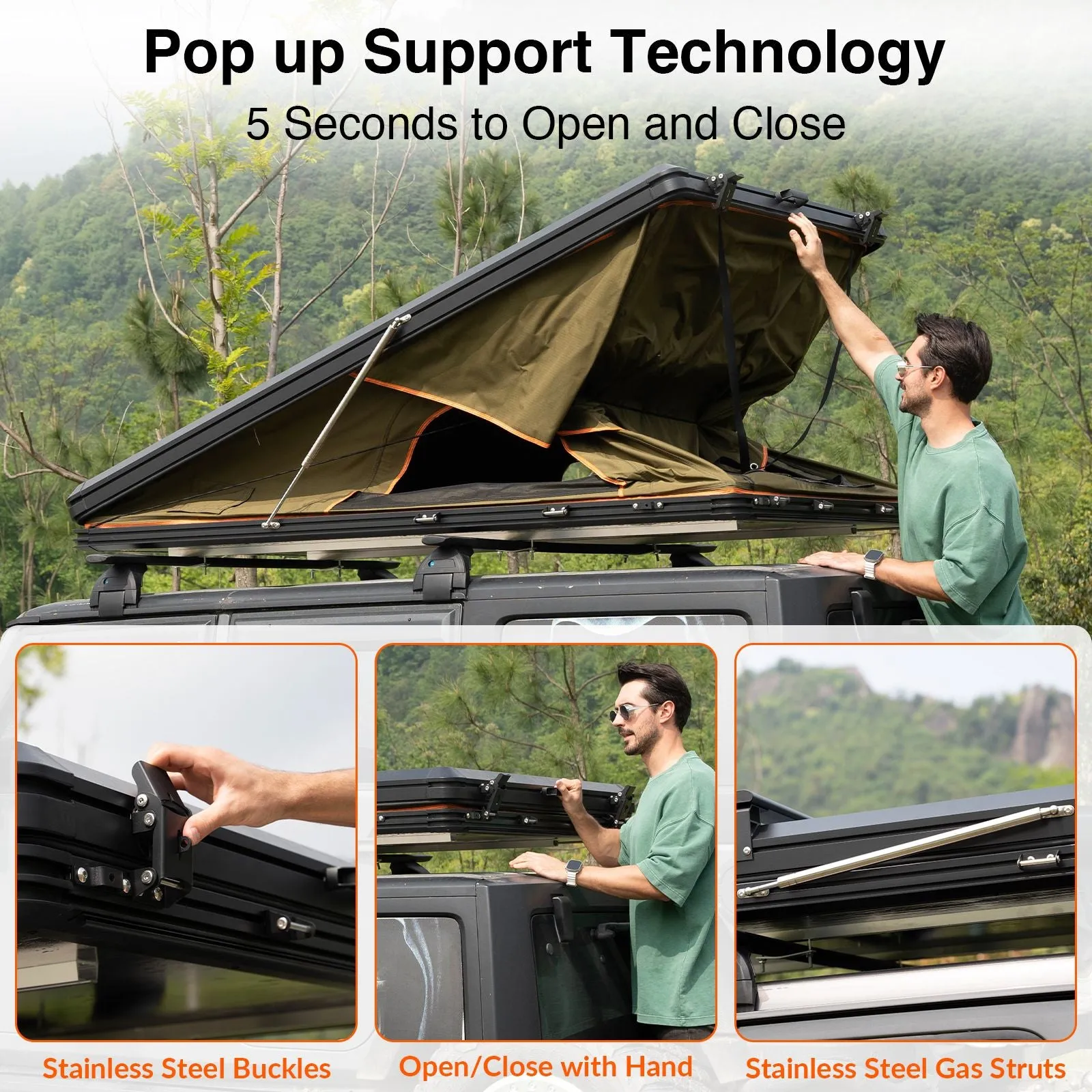 Adventurer Plus Rooftop Tent Hardshell with Side Awning, Air Conditioner Outlet with Bracket, &Replaceable Rain Flies, Truck Bed Tent for Camping, Pop Up Overland Roof Tents