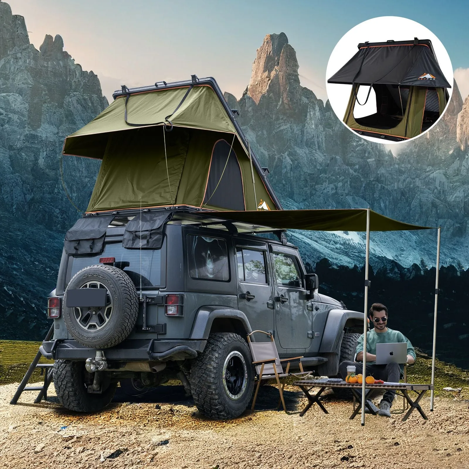Adventurer Plus Rooftop Tent Hardshell with Side Awning, Air Conditioner Outlet with Bracket, &Replaceable Rain Flies, Truck Bed Tent for Camping, Pop Up Overland Roof Tents