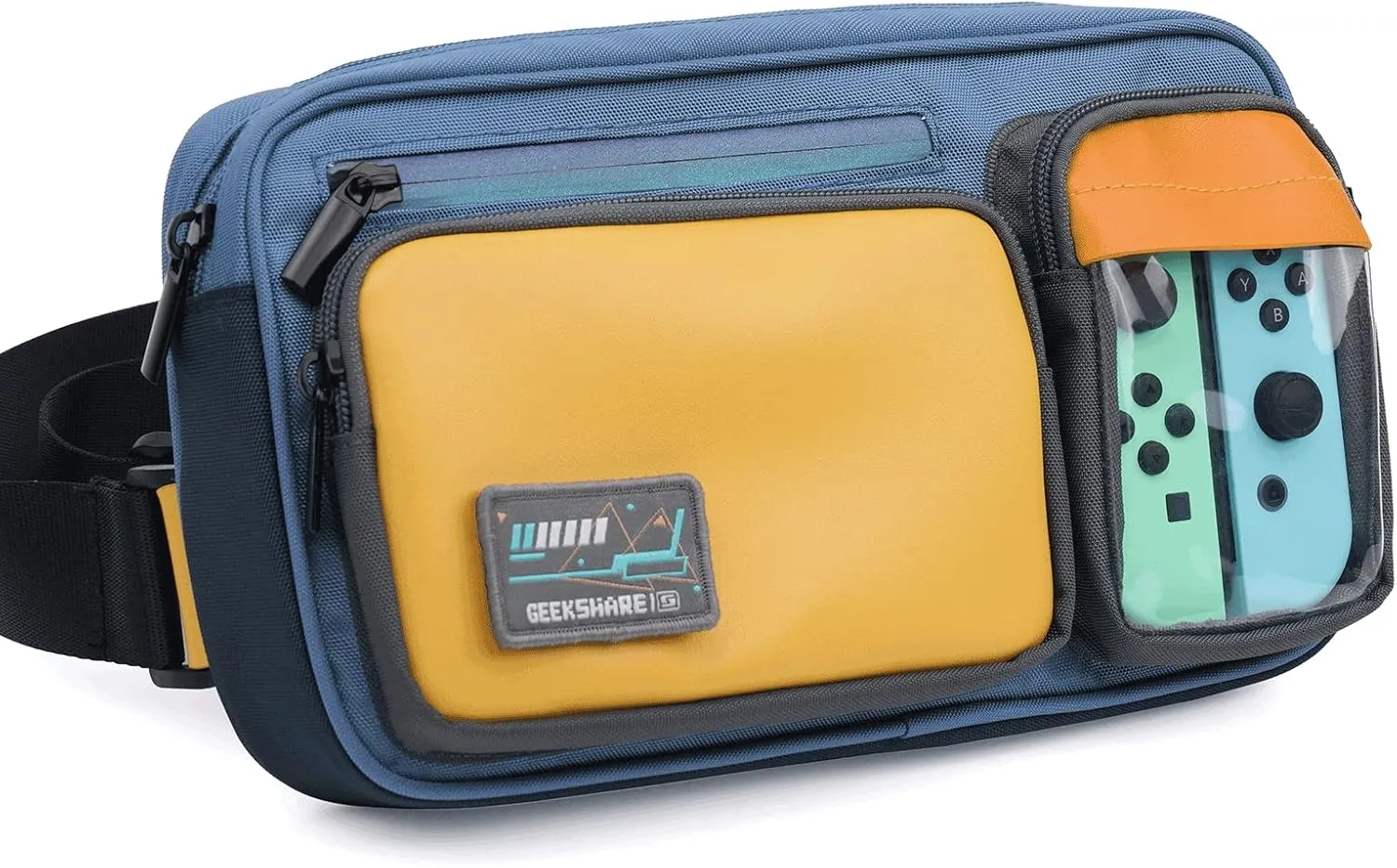 GeekShare Large Capacity Multifunctional Switch/OLED Travel Carrying Case - Color Contrast Laser Messenger Bag Compatible With Switch (Blue & Yellow)