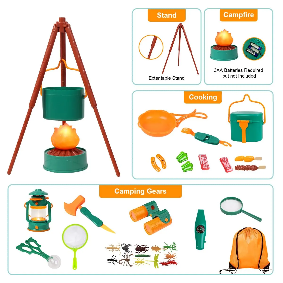 Meland Kids Camping Set with Tent - Toddler Toys for Boys with Campfire, Camping Toys for Kids Indoor Outdoor Pretend Play, Gift Idea for Boys Age 3,4,5,6 Year Old Birthday Christmas (Green)