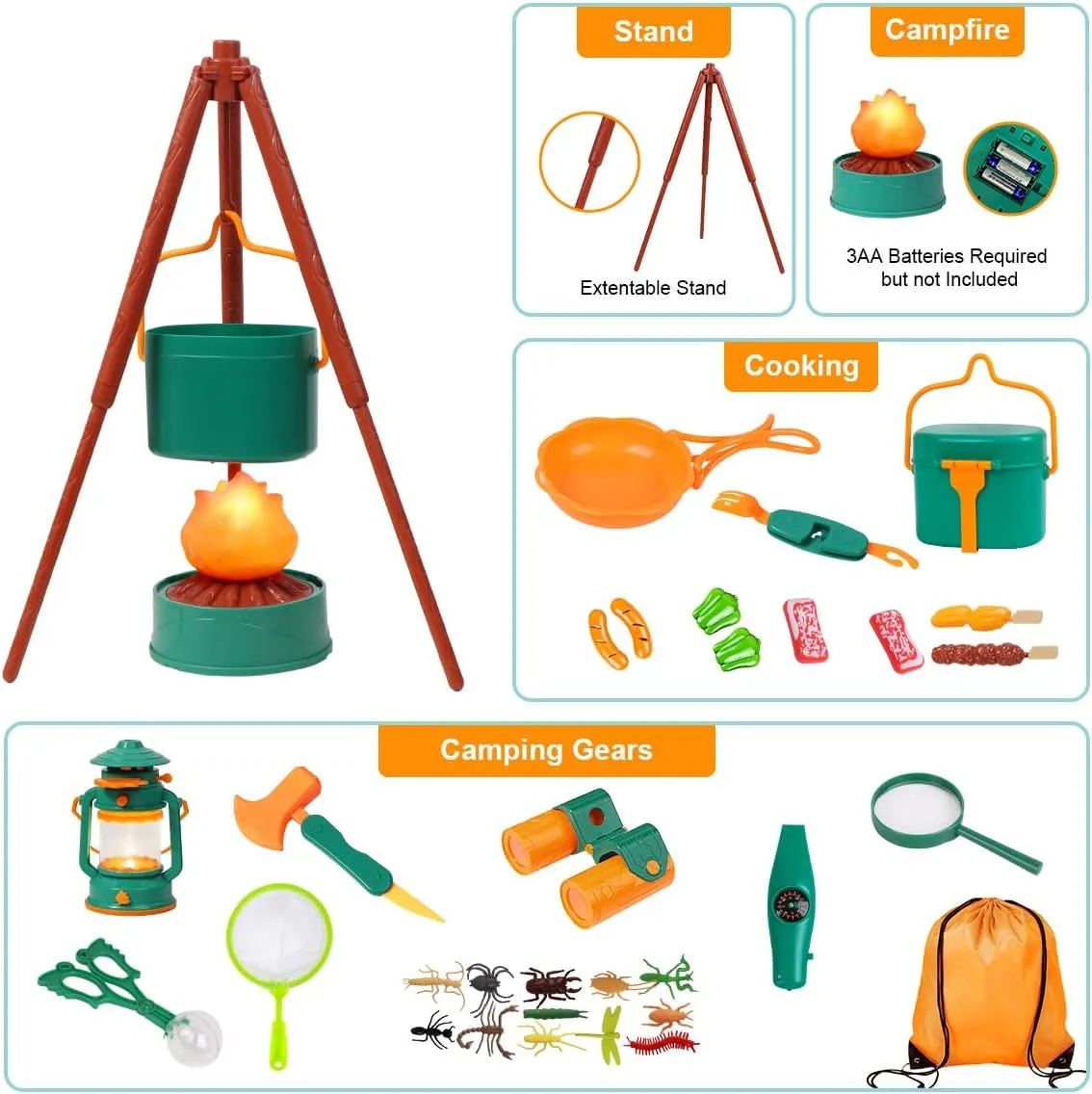 Meland Kids Camping Set with Tent - Toddler Toys for Boys with Campfire, Camping Toys for Kids Indoor Outdoor Pretend Play, Gift Idea for Boys Age 3,4,5,6 Year Old Birthday Christmas (Green)