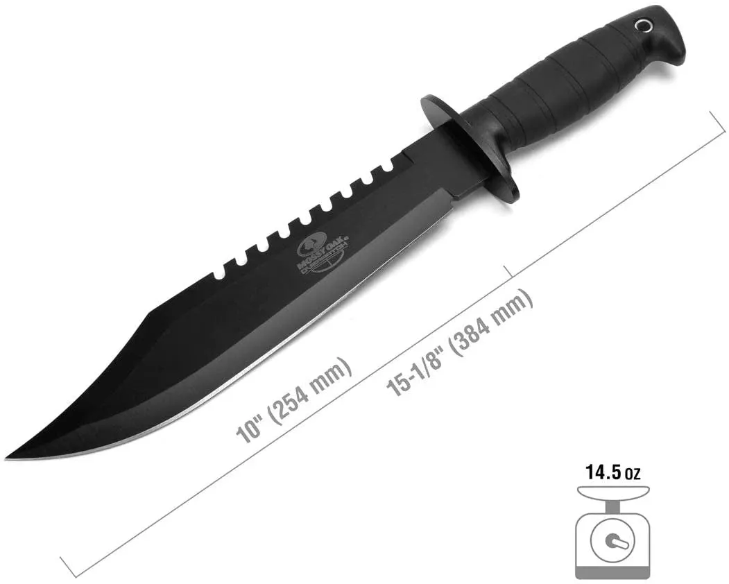 Mossy Oak Survival Hunting Knife with Sheath, 15-Inch Fixed Blade Tactical Bowie Knife with Sharpener & Fire Starter for Camping, Outdoor, Bushcraft