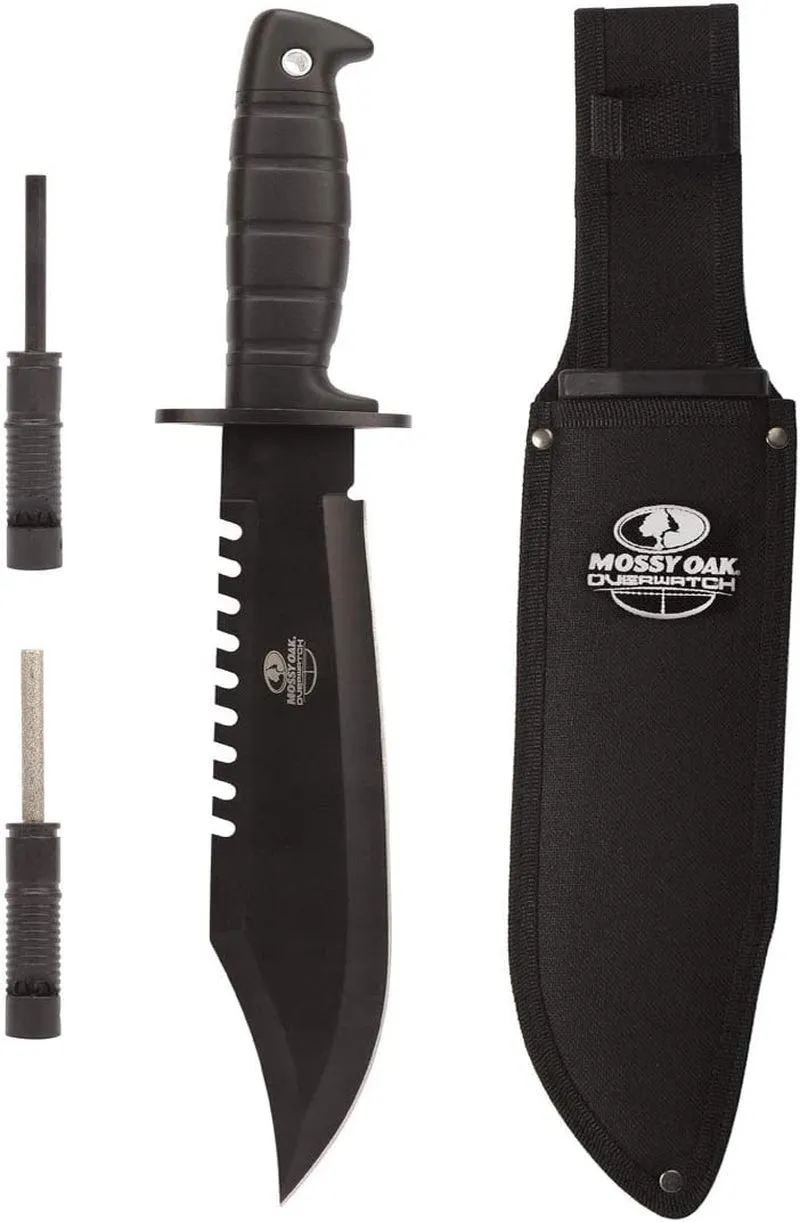 Mossy Oak Survival Hunting Knife with Sheath, 15-Inch Fixed Blade Tactical Bowie Knife with Sharpener & Fire Starter for Camping, Outdoor, Bushcraft